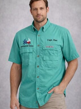 Hook & Tackle Saltwater Texan Fishing Shirt Mens M Aqua Texas Flag Fish(A514)